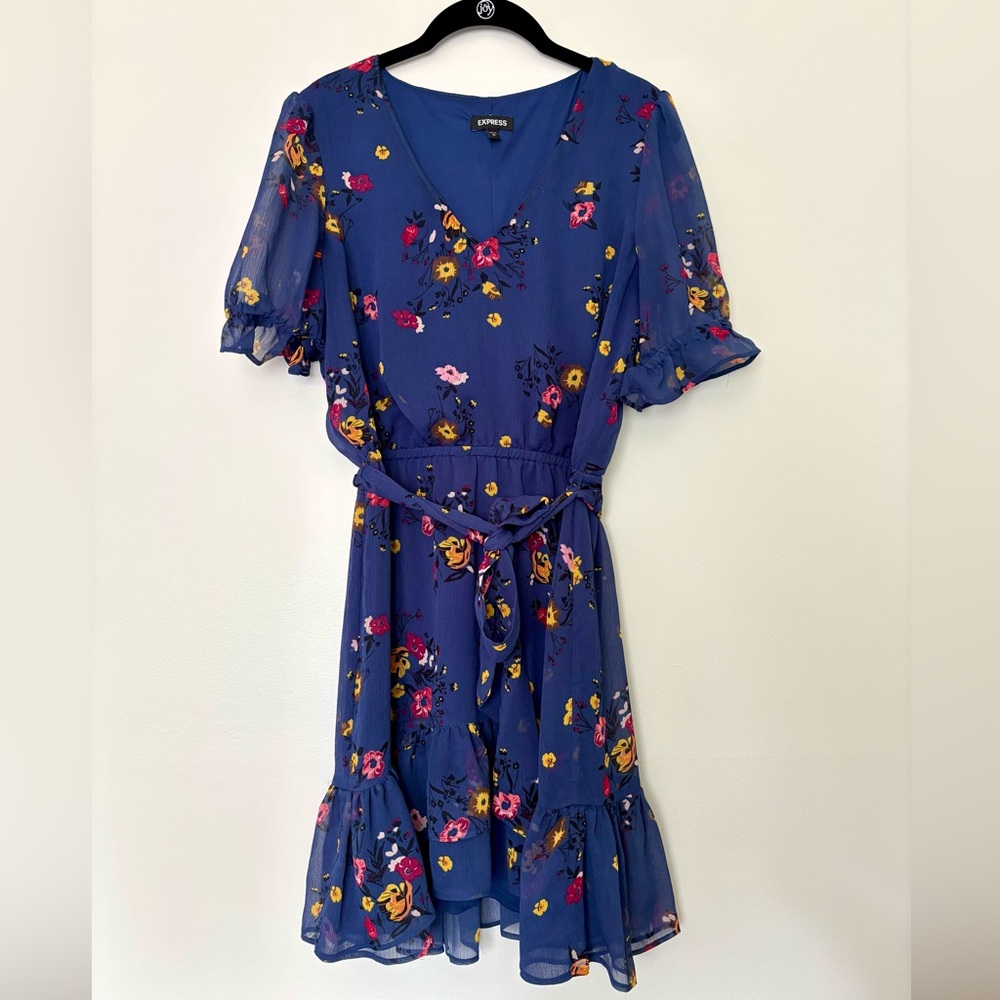 Navy Floral Ruffle Tie Waist Dress